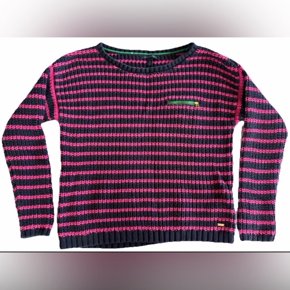 Tommy Hilfiger Sweater Large Striped Navy Pink Chunky Knit